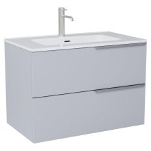 HD Cremona Fume Grey 60 komplett fürdőszoba bútor szett fali mosdószekrénnyel, szálcsiszolt króm fogantyúkkal, fényes fehér slim mosdóval, tükörrel és magasszekrénnyel