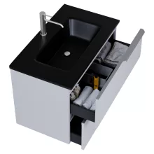 HD Cremona Fume Grey 60 fali mosdószekrény szálcsiszolt króm fogantyúkkal és matt fekete slim mosdóval