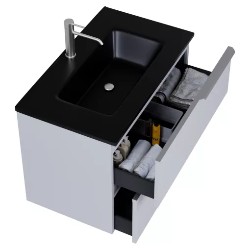 HD Cremona Fume Grey 60 fali mosdószekrény szálcsiszolt króm fogantyúkkal és matt fekete slim mosdóval