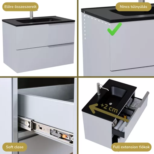 HD Cremona Fume Grey 60 fali mosdószekrény szálcsiszolt króm fogantyúkkal és matt fekete slim mosdóval