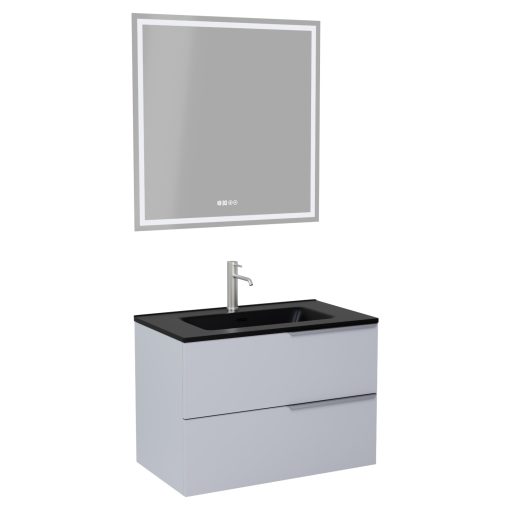 HD Cremona Fume Grey 60 komplett fürdőszoba bútor fali mosdószekrénnyel, szálcsiszolt króm fogantyúkkal, matt fekete slim mosdóval és tükörrel