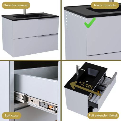 HD Cremona Fume Grey 60 komplett fürdőszoba bútor fali mosdószekrénnyel, szálcsiszolt króm fogantyúkkal, matt fekete slim mosdóval és tükörrel