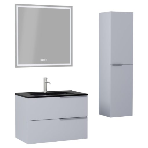 HD Cremona Fume Grey 60 komplett fürdőszoba bútor szett fali mosdószekrénnyel, szálcsiszolt króm fogantyúkkal, matt fekete slim mosdóval, tükörrel és magasszekrénnyel