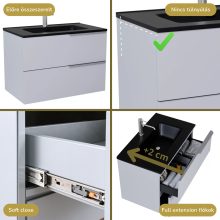 HD Cremona Fume Grey 60 komplett fürdőszoba bútor szett fali mosdószekrénnyel, szálcsiszolt króm fogantyúkkal, matt fekete slim mosdóval, tükörrel és magasszekrénnyel