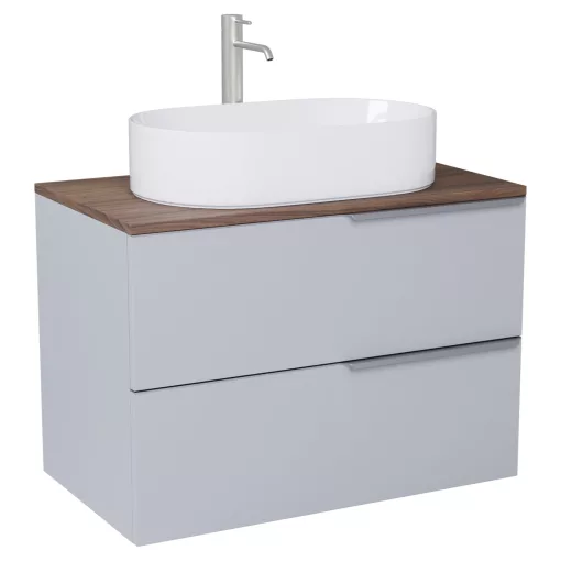 HD Carona Fume Grey 60 fali mosdószekrény tölgyfa színű mosdópulttal és szálcsiszolt króm fogantyúkkal
