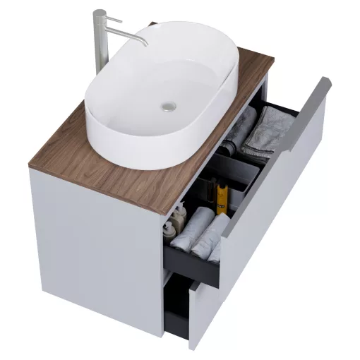 HD Carona Fume Grey 60 fali mosdószekrény tölgyfa színű mosdópulttal és szálcsiszolt króm fogantyúkkal