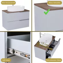 HD Carona Fume Grey 60 fali mosdószekrény tölgyfa színű mosdópulttal és szálcsiszolt króm fogantyúkkal