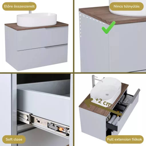 HD Carona Fume Grey 60 fali mosdószekrény tölgyfa színű mosdópulttal és szálcsiszolt króm fogantyúkkal