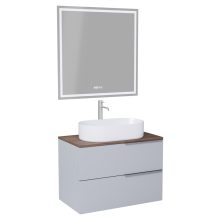 HD Carona Fume Grey 60 komplett fürdőszoba bútor fali mosdószekrénnyel, szálcsiszolt króm fogantyúkkal, tölgyfa színű mosdópulttal és tükörrel