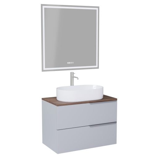 HD Carona Fume Grey 60 komplett fürdőszoba bútor fali mosdószekrénnyel, szálcsiszolt króm fogantyúkkal, tölgyfa színű mosdópulttal és tükörrel