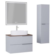 HD Carona Fume Grey 60 komplett fürdőszoba bútor szett fali mosdószekrénnyel, szálcsiszolt króm fogantyúkkal, tölgyfa színű mosdópulttal, tükörrel és magasszekrénnyel