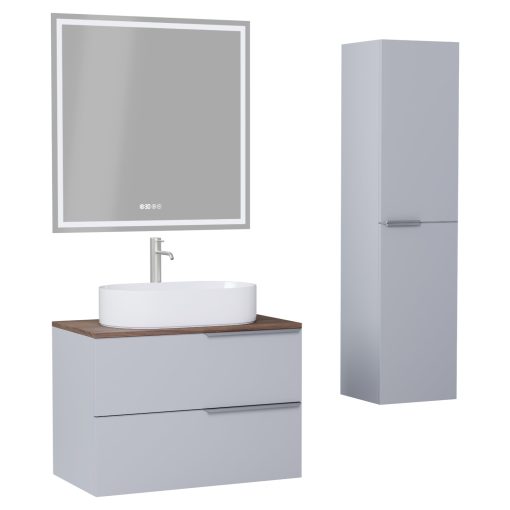 HD Carona Fume Grey 60 komplett fürdőszoba bútor szett fali mosdószekrénnyel, szálcsiszolt króm fogantyúkkal, tölgyfa színű mosdópulttal, tükörrel és magasszekrénnyel