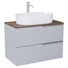 HD Carona Fume Grey 60 komplett fürdőszoba bútor szett fali mosdószekrénnyel, szálcsiszolt króm fogantyúkkal, tölgyfa színű mosdópulttal, tükörrel és magasszekrénnyel