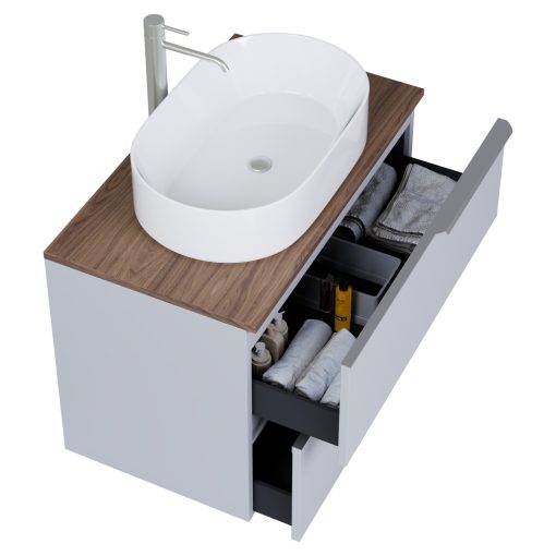 HD Carona Fume Grey 60 komplett fürdőszoba bútor szett fali mosdószekrénnyel, szálcsiszolt króm fogantyúkkal, tölgyfa színű mosdópulttal, tükörrel és magasszekrénnyel