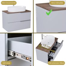 HD Carona Fume Grey 60 komplett fürdőszoba bútor szett fali mosdószekrénnyel, szálcsiszolt króm fogantyúkkal, tölgyfa színű mosdópulttal, tükörrel és magasszekrénnyel