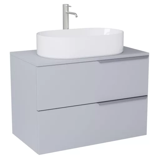 HD Carona Fume Grey 60/80 fali mosdószekrény füst szürke mosdópulttal és szálcsiszolt króm fogantyúkkal