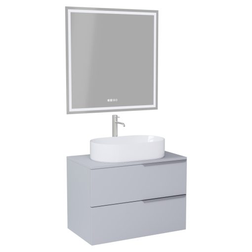 HD Carona Fume Grey 60 komplett fürdőszoba bútor fali mosdószekrénnyel, szálcsiszolt króm fogantyúkkal, szürke mosdópulttal és tükörrel