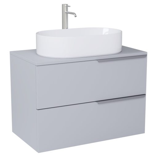 HD Carona Fume Grey 60 komplett fürdőszoba bútor fali mosdószekrénnyel, szálcsiszolt króm fogantyúkkal, szürke mosdópulttal és tükörrel