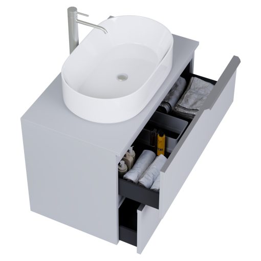 HD Carona Fume Grey 60 komplett fürdőszoba bútor fali mosdószekrénnyel, szálcsiszolt króm fogantyúkkal, szürke mosdópulttal és tükörrel