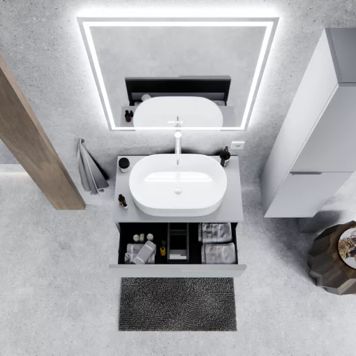 HD Carona Fume Grey 60 komplett fürdőszoba bútor fali mosdószekrénnyel, szálcsiszolt króm fogantyúkkal, szürke mosdópulttal és tükörrel