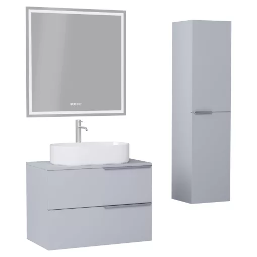 HD Carona Fume Grey 60 komplett fürdőszoba bútor szett fali mosdószekrénnyel, szálcsiszolt króm fogantyúkkal, szürke mosdópulttal, tükörrel és magasszekrénnyel
