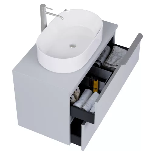 HD Carona Fume Grey 60 komplett fürdőszoba bútor szett fali mosdószekrénnyel, szálcsiszolt króm fogantyúkkal, szürke mosdópulttal, tükörrel és magasszekrénnyel