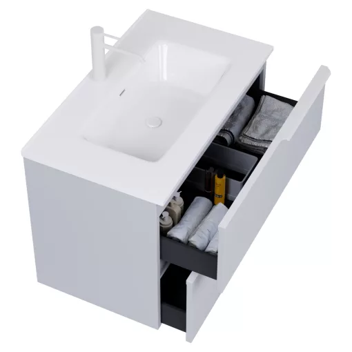 HD Cremona Fume Grey 60 fali mosdószekrény matt fehér fogantyúkkal és fényes fehér slim mosdóval