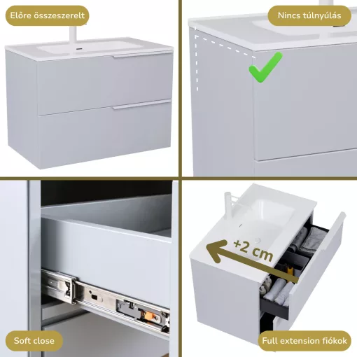 HD Cremona Fume Grey 60 fali mosdószekrény matt fehér fogantyúkkal és fényes fehér slim mosdóval