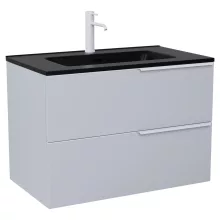 HD Cremona Fume Grey 60 fali mosdószekrény matt fehér fogantyúkkal és matt fekete slim mosdóval