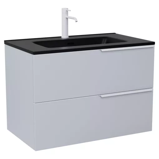 HD Cremona Fume Grey 60 fali mosdószekrény matt fehér fogantyúkkal és matt fekete slim mosdóval