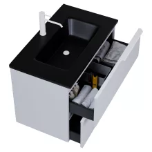 HD Cremona Fume Grey 60 fali mosdószekrény matt fehér fogantyúkkal és matt fekete slim mosdóval