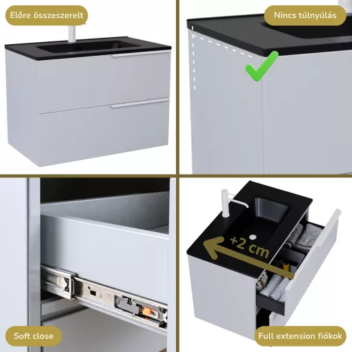 HD Cremona Fume Grey 60 fali mosdószekrény matt fehér fogantyúkkal és matt fekete slim mosdóval