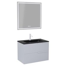 HD Cremona Fume Grey 60 komplett fürdőszoba bútor fali mosdószekrénnyel, matt fehér fogantyúkkal, matt fekete slim mosdóval és tükörrel