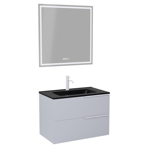 HD Cremona Fume Grey 60 komplett fürdőszoba bútor fali mosdószekrénnyel, matt fehér fogantyúkkal, matt fekete slim mosdóval és tükörrel