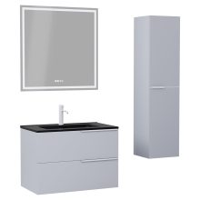 HD Cremona Fume Grey 60 komplett fürdőszoba bútor szett fali mosdószekrénnyel, matt fehér fogantyúkkal, matt fekete slim mosdóval, tükörrel és magasszekrénnyel