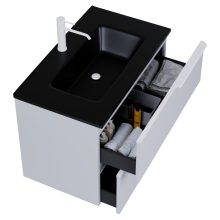 HD Cremona Fume Grey 60 komplett fürdőszoba bútor szett fali mosdószekrénnyel, matt fehér fogantyúkkal, matt fekete slim mosdóval, tükörrel és magasszekrénnyel