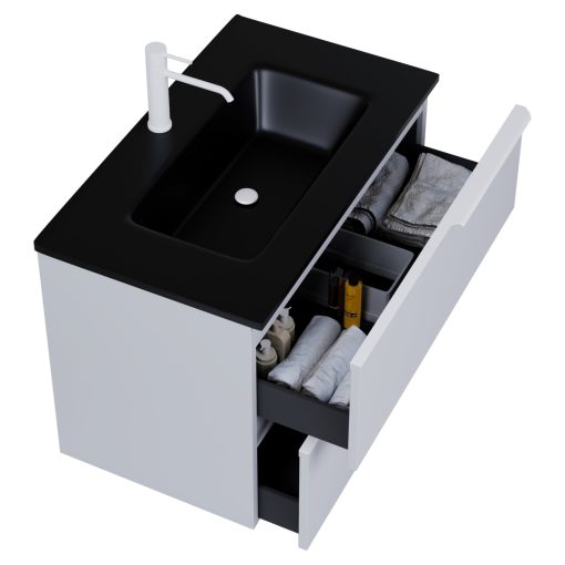 HD Cremona Fume Grey 60 komplett fürdőszoba bútor szett fali mosdószekrénnyel, matt fehér fogantyúkkal, matt fekete slim mosdóval, tükörrel és magasszekrénnyel