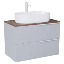 HD Carona Fume Grey 60 fali mosdószekrény tölgyfa színű mosdópulttal és matt fehér fogantyúkkal