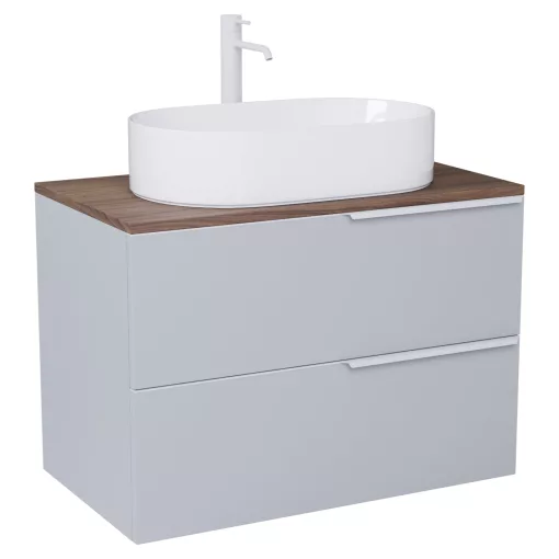 HD Carona Fume Grey 60 fali mosdószekrény tölgyfa színű mosdópulttal és matt fehér fogantyúkkal