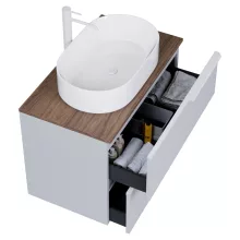 HD Carona Fume Grey 60 fali mosdószekrény tölgyfa színű mosdópulttal és matt fehér fogantyúkkal