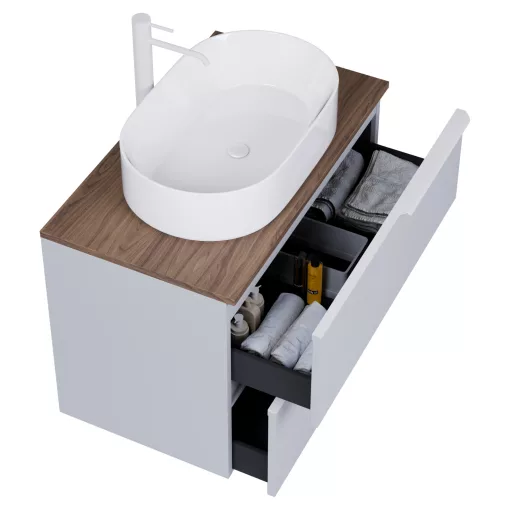 HD Carona Fume Grey 60 fali mosdószekrény tölgyfa színű mosdópulttal és matt fehér fogantyúkkal