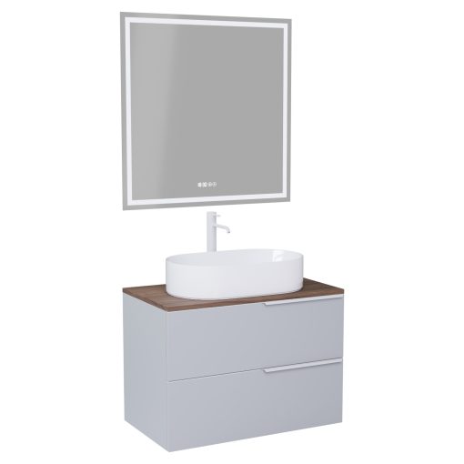 HD Carona Fume Grey 60 komplett fürdőszoba bútor fali mosdószekrénnyel, matt fehér fogantyúkkal, tölgyfa színű mosdópulttal és tükörrel