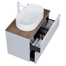 HD Carona Fume Grey 60 komplett fürdőszoba bútor fali mosdószekrénnyel, matt fehér fogantyúkkal, tölgyfa színű mosdópulttal és tükörrel