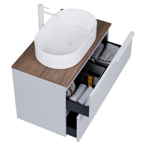 HD Carona Fume Grey 60 komplett fürdőszoba bútor fali mosdószekrénnyel, matt fehér fogantyúkkal, tölgyfa színű mosdópulttal és tükörrel