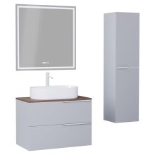 HD Carona Fume Grey 60 komplett fürdőszoba bútor szett fali mosdószekrénnyel, matt fehér fogantyúkkal, tölgyfa színű mosdópulttal, tükörrel és magasszekrénnyel