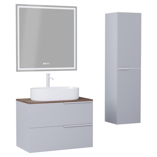 HD Carona Fume Grey 60 komplett fürdőszoba bútor szett fali mosdószekrénnyel, matt fehér fogantyúkkal, tölgyfa színű mosdópulttal, tükörrel és magasszekrénnyel