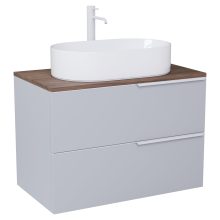 HD Carona Fume Grey 60 komplett fürdőszoba bútor szett fali mosdószekrénnyel, matt fehér fogantyúkkal, tölgyfa színű mosdópulttal, tükörrel és magasszekrénnyel