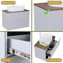 HD Carona Fume Grey 60 komplett fürdőszoba bútor szett fali mosdószekrénnyel, matt fehér fogantyúkkal, tölgyfa színű mosdópulttal, tükörrel és magasszekrénnyel