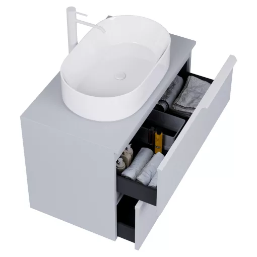 HD Carona Fume Grey 60 fali mosdószekrény füst szürke mosdópulttal és matt fehér fogantyúkkal