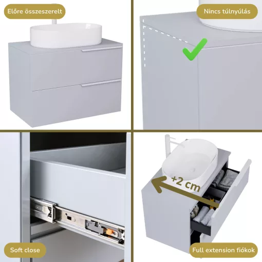 HD Carona Fume Grey 60 fali mosdószekrény füst szürke mosdópulttal és matt fehér fogantyúkkal